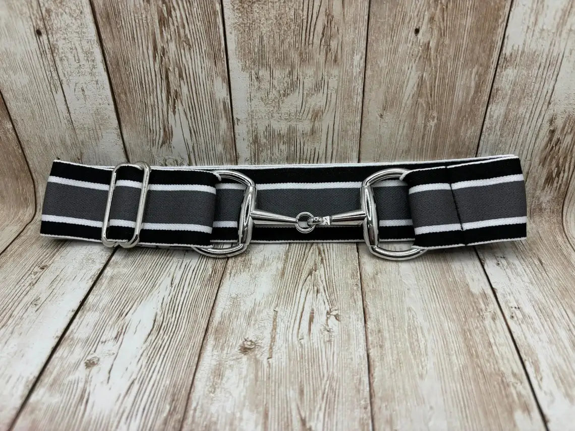 Benny Bows - 1.5" Equestrian Elastic Bit Buckle Belt - Black, Grey Stripe